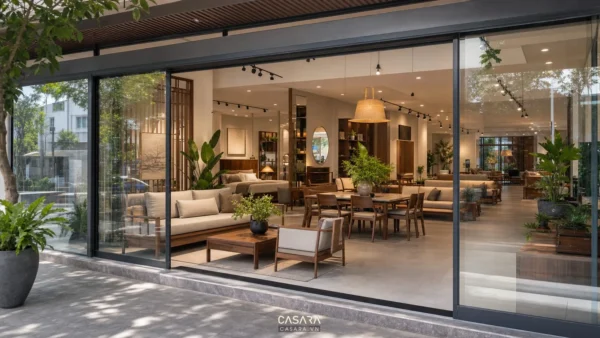 thiết kế showroom bmt với mặt tiền kính khu sofa gỗ bàn tư vấn và ánh sáng tự nhiên