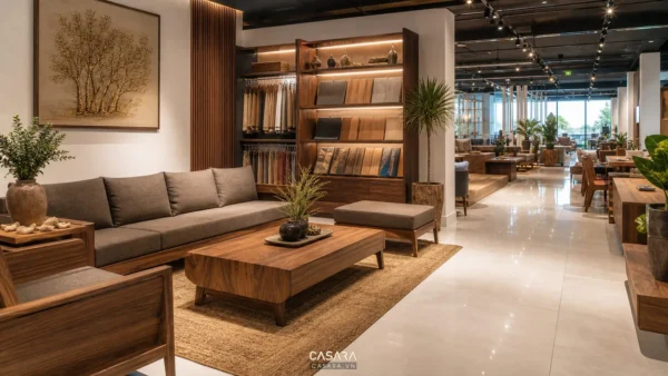 showroom nội thất BMT có cụm phòng khách sofa gỗ kệ mẫu vật liệu đèn rọi và lối đi thoáng