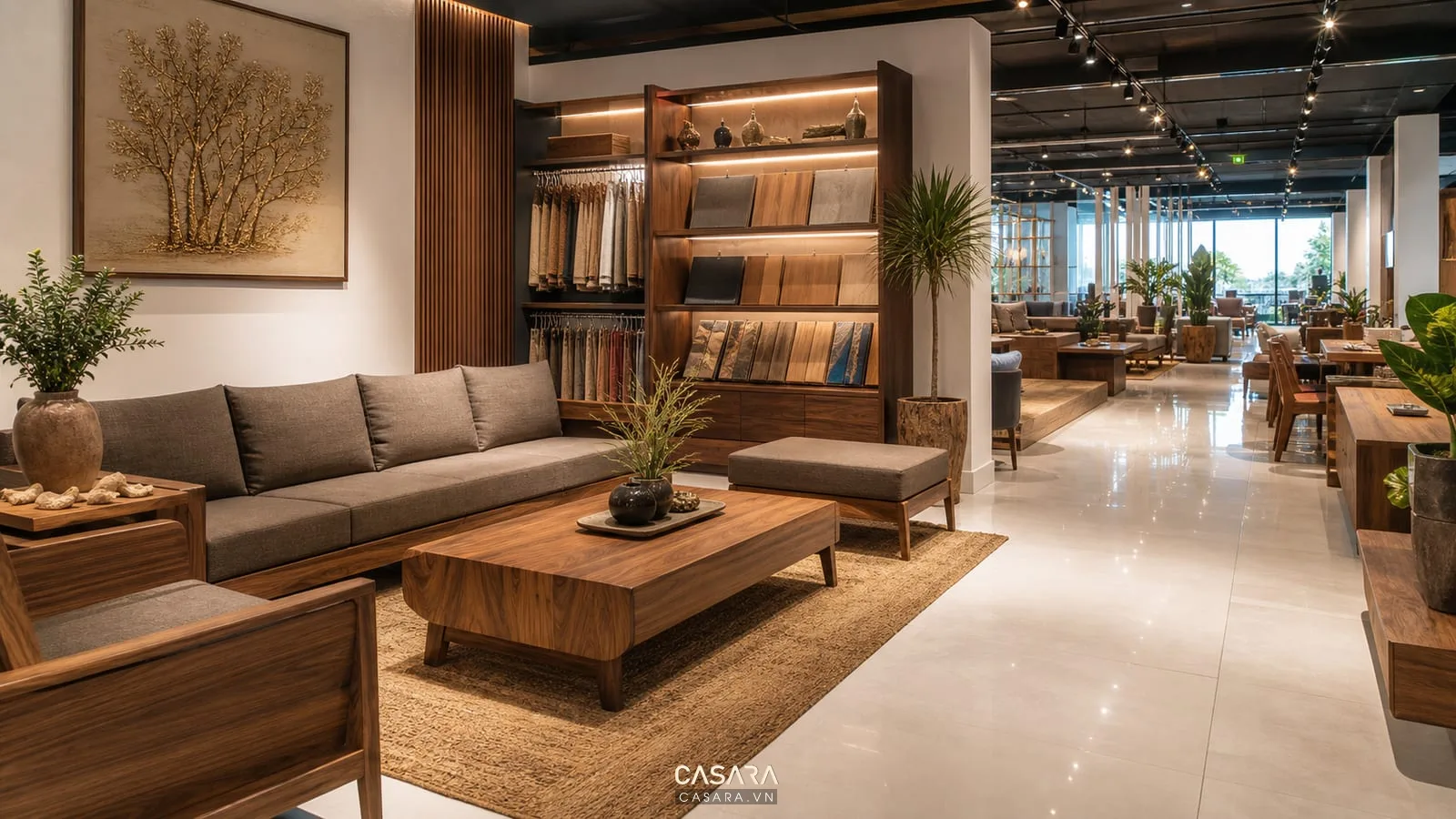 showroom nội thất BMT có cụm phòng khách sofa gỗ kệ mẫu vật liệu đèn rọi và lối đi thoáng