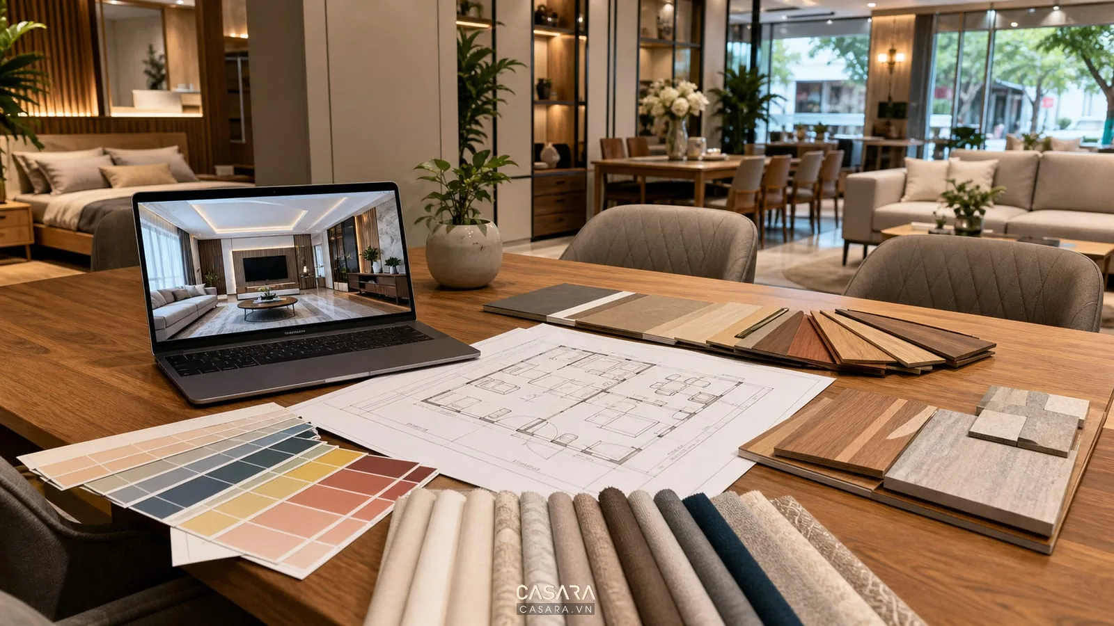 bàn tư vấn thiết kế showroom bmt có bản vẽ mặt bằng mẫu gỗ bảng màu sơn mẫu rèm và laptop phối cảnh