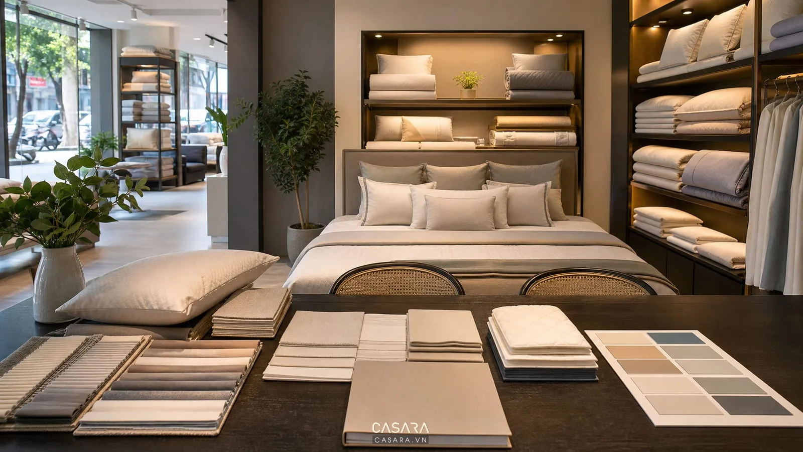 Khu tư vấn showroom chăn ga gối đệm với mẫu vải và giường thử