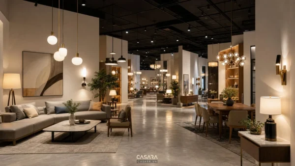 Showroom đèn hiện đại với đèn thả, đèn tường, đèn bàn, ánh sáng ấm và lối đi trưng bày thoáng.