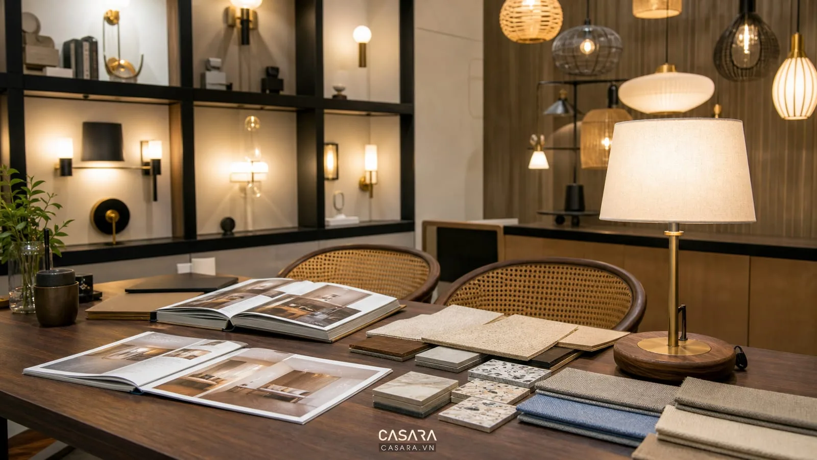 Bàn tư vấn showroom đèn với catalogue, mẫu vật liệu, đèn bàn trang trí và kệ đèn tường phía sau.