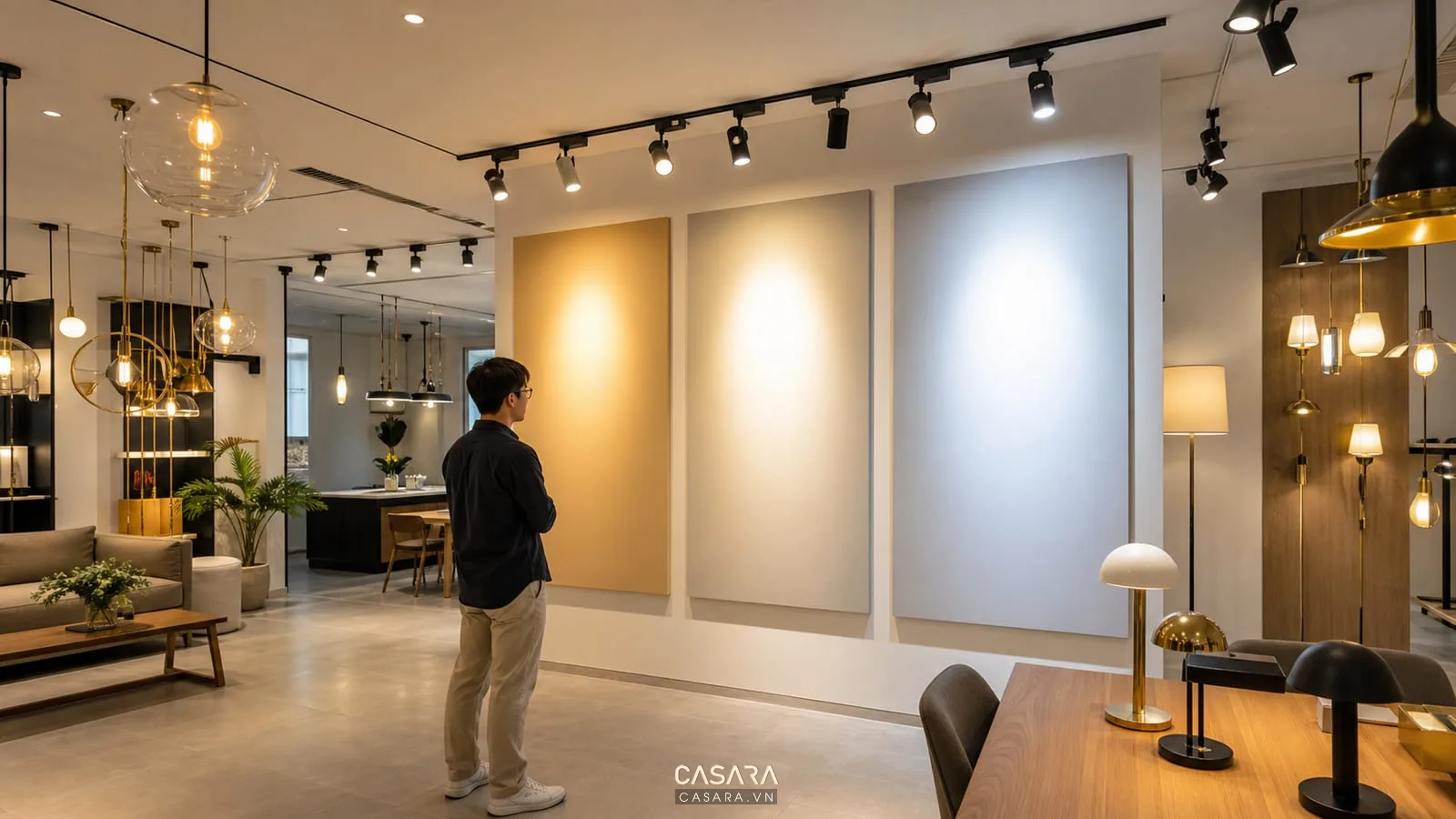 Khu kiểm tra ánh sáng showroom đèn với đèn ray, đèn thả, bảng nhiệt độ màu và khách so sánh ánh sáng.