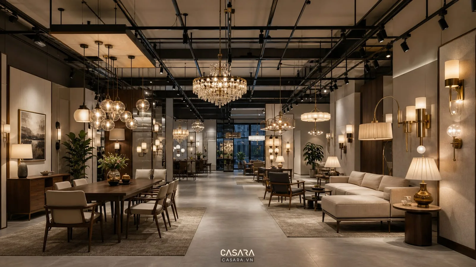 Phối cảnh 3d showroom đèn cao cấp với khu phòng ăn, phòng khách, đèn tường, đèn ray và lối đi rõ.