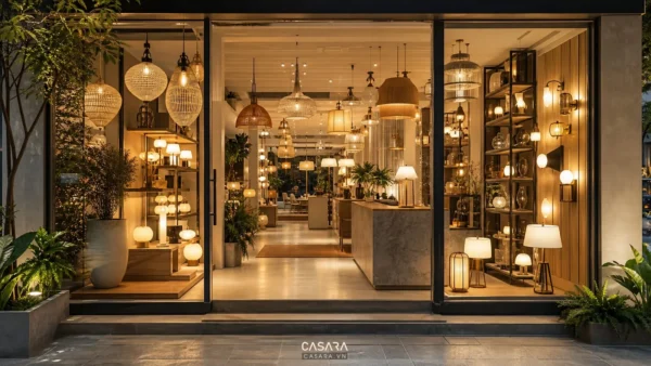 thiết kế showroom đèn trang trí với mặt tiền showroom đèn và nhiều mẫu đèn thả sáng ấm