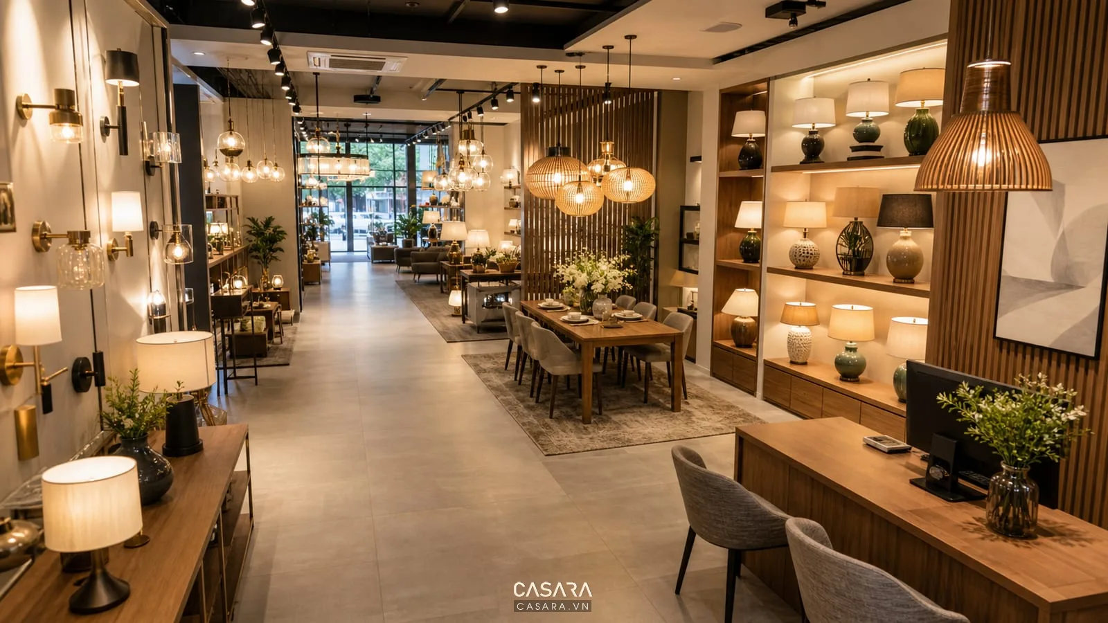 thiết kế showroom đèn trang trí với khu đèn thả bàn ăn kệ đèn bàn và quầy tư vấn