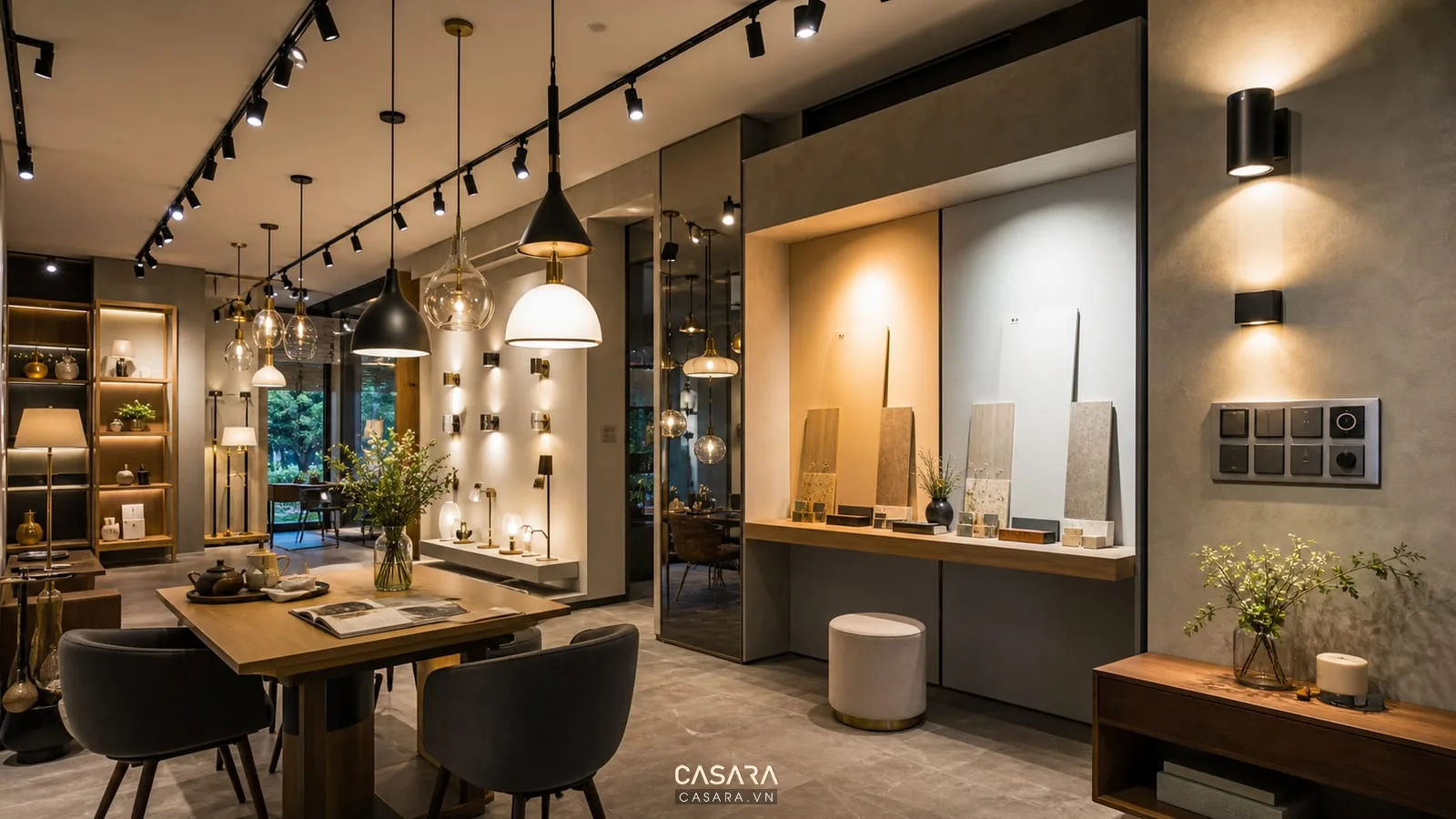 thiết kế showroom đèn trang trí với đèn ray đèn thả đèn tường và khu thử ánh sáng