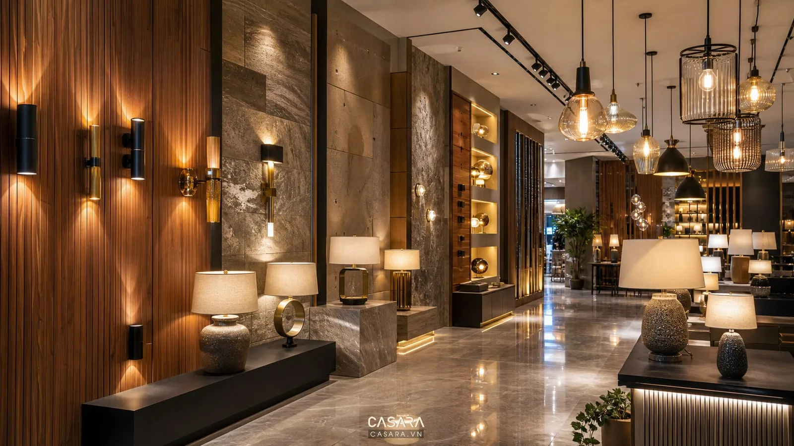 thiết kế showroom đèn trang trí với tường gỗ đá sơn hiệu ứng đèn tường và kệ đèn bàn