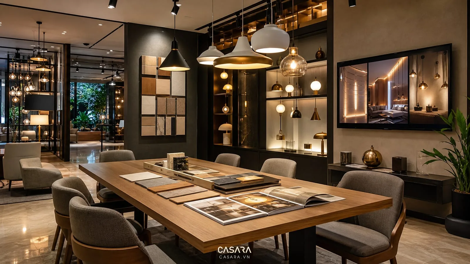 thiết kế showroom đèn trang trí với bàn tư vấn mẫu vật liệu catalogue đèn và đèn thả