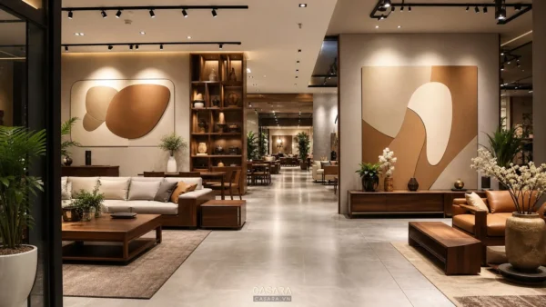 Showroom nội thất đẹp với khu sofa, bàn trà, kệ trưng bày, ánh sáng ấm và lối đi rộng.