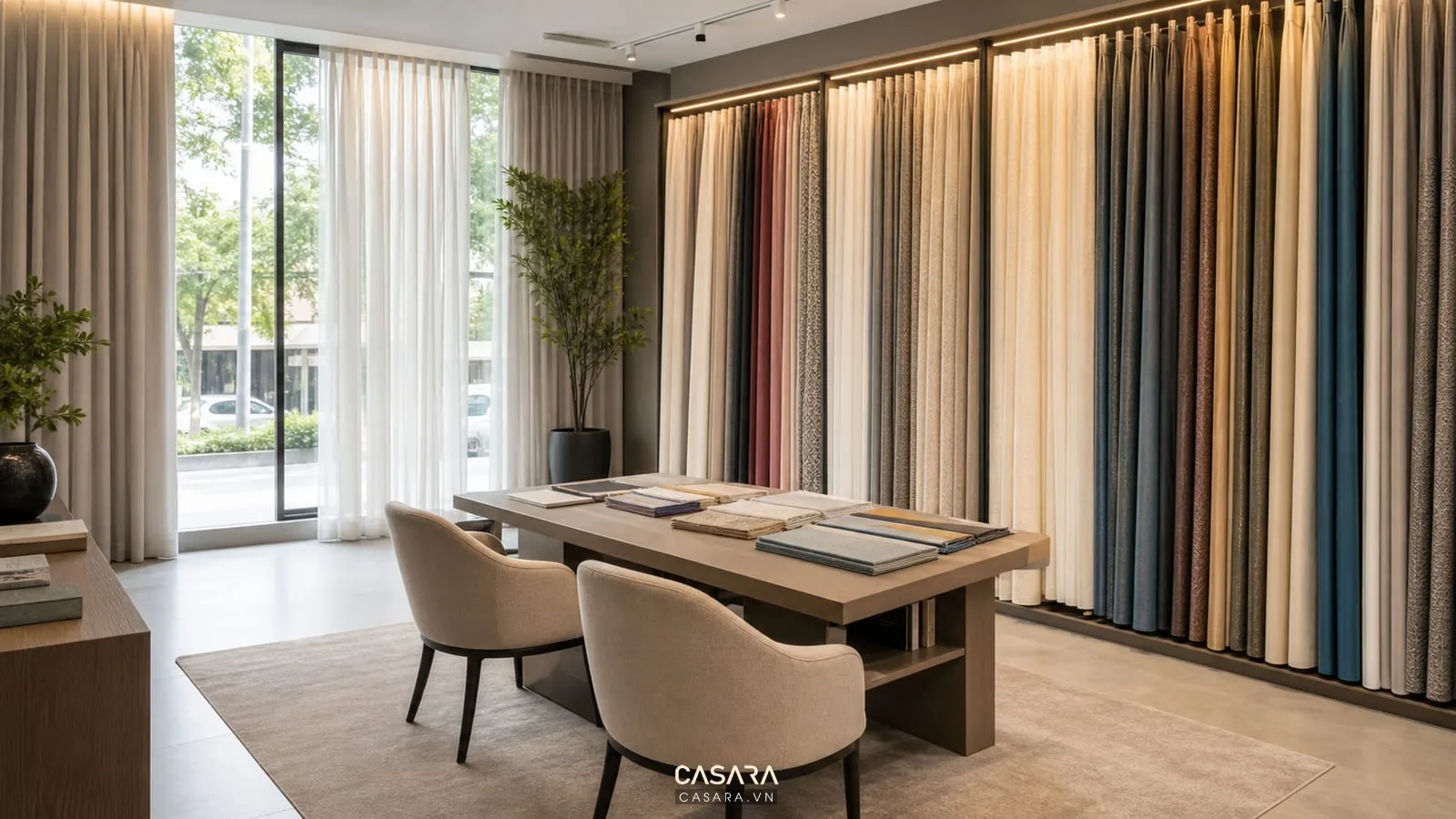 Thiết kế showroom rèm với mẫu vải treo theo lớp, cửa kính lớn, ánh sáng tự nhiên và bàn tư vấn.