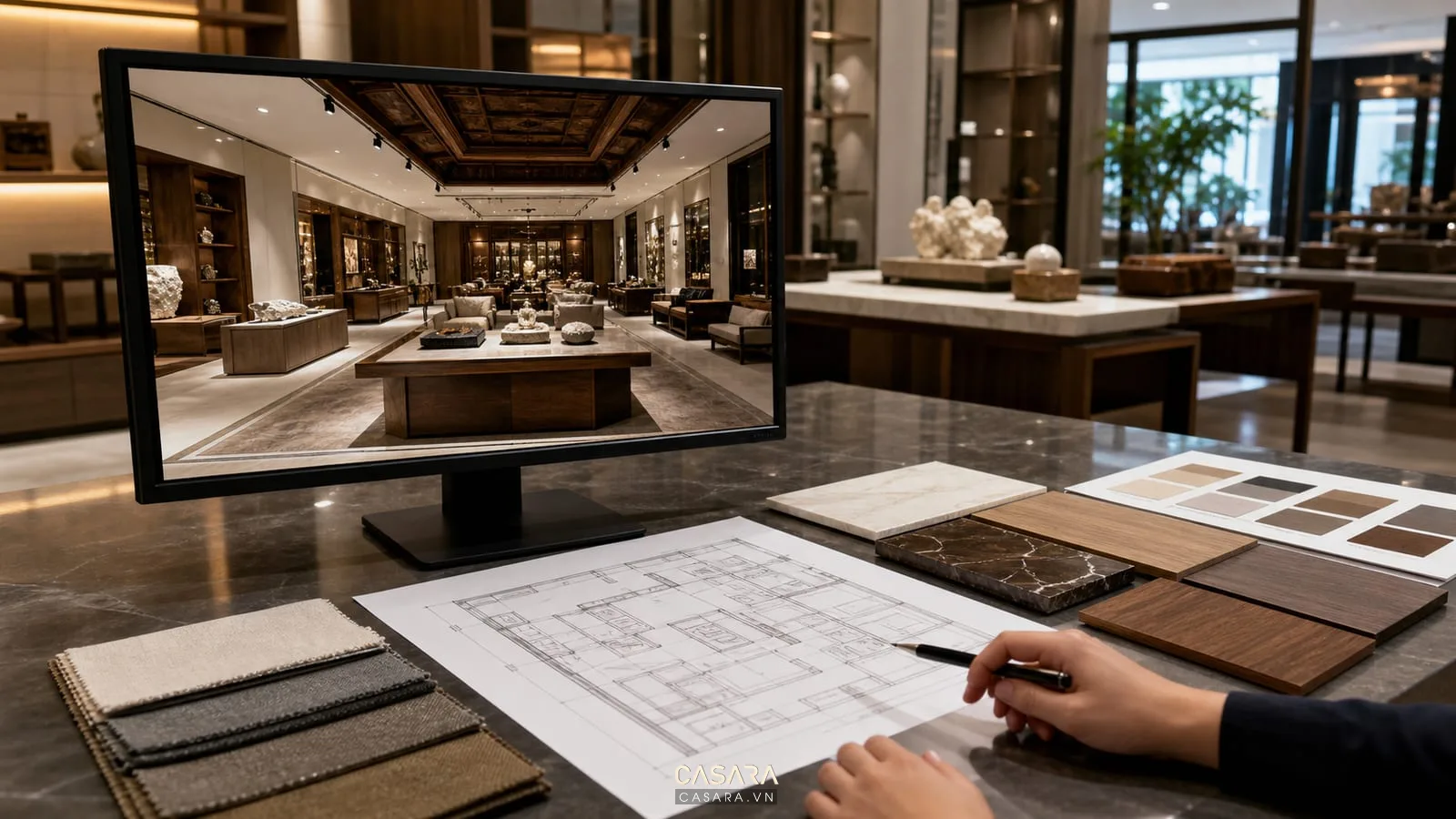 Thiết kế showroom 3d trên màn hình máy tính cùng bản vẽ mặt bằng, mẫu gỗ đá vải và bảng màu.
