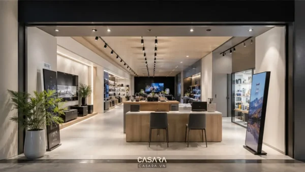 Lối vào showroom điện máy hiện đại với quầy tư vấn và tuyến trưng bày rõ ràng