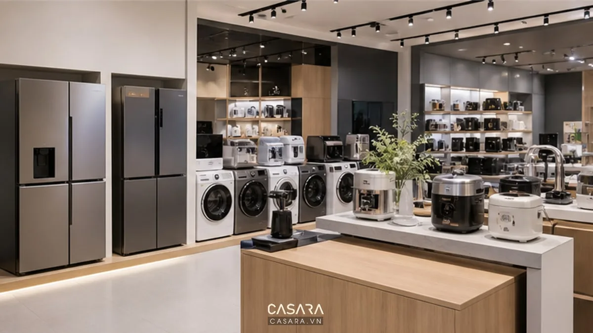 Khu trưng bày tủ lạnh máy giặt và thiết bị bếp trong showroom điện máy hiện đại