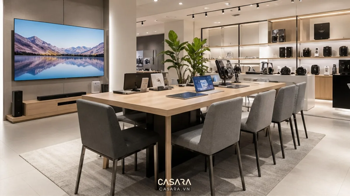 Bàn tư vấn và khu trải nghiệm thiết bị trong showroom điện máy sang trọng