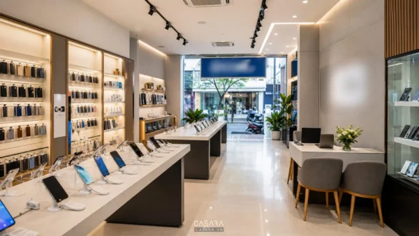 Showroom điện thoại hiện đại có điện thoại trên bàn trải nghiệm, tủ phụ kiện, bảng hiệu rõ, ánh sáng trung tính và lối đi rộng.