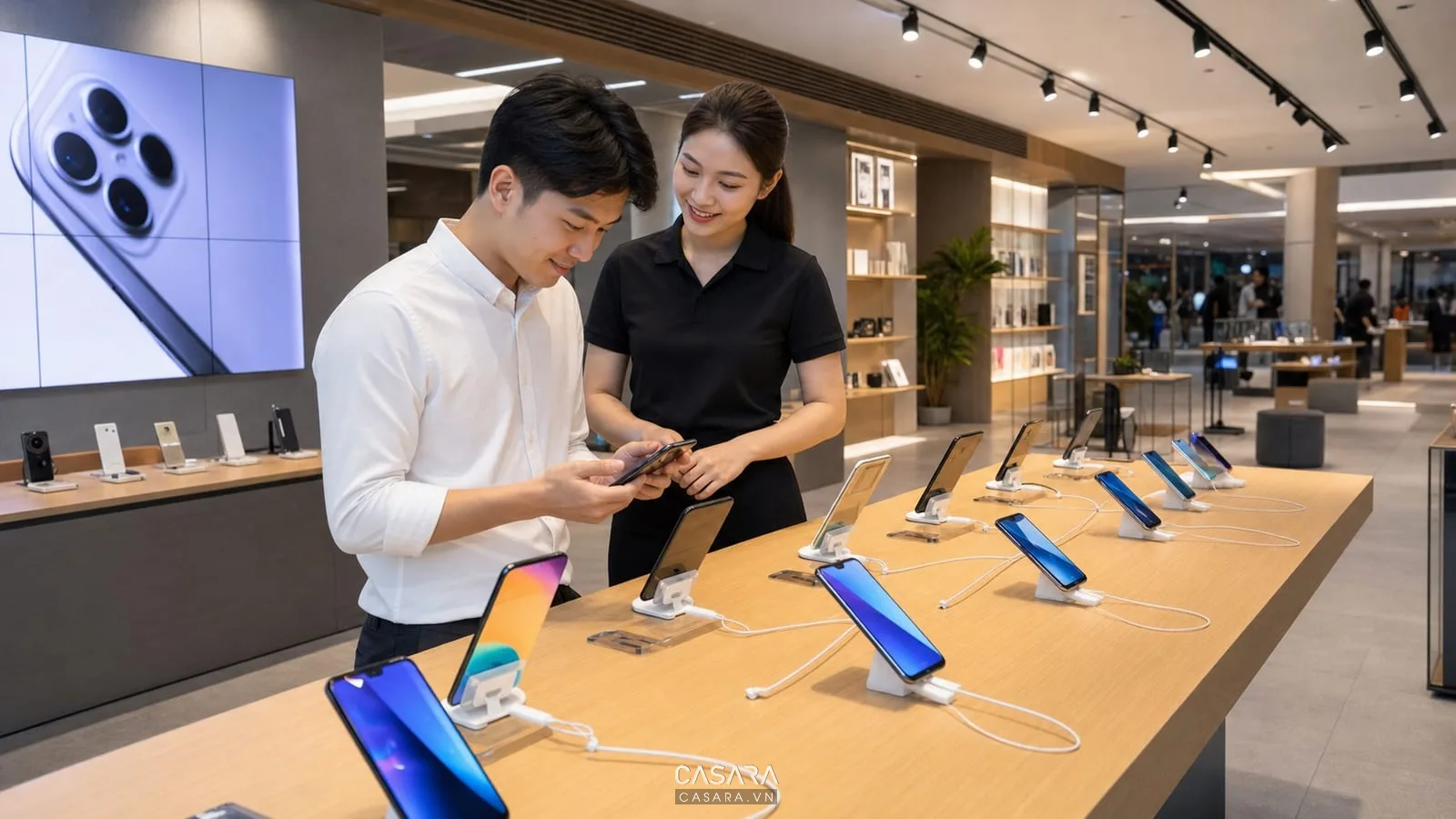 Bàn trải nghiệm showroom điện thoại có điện thoại bật màn hình, dây an ninh gọn, ánh sáng trung tính, khách thử máy và nhân viên tư vấn.
