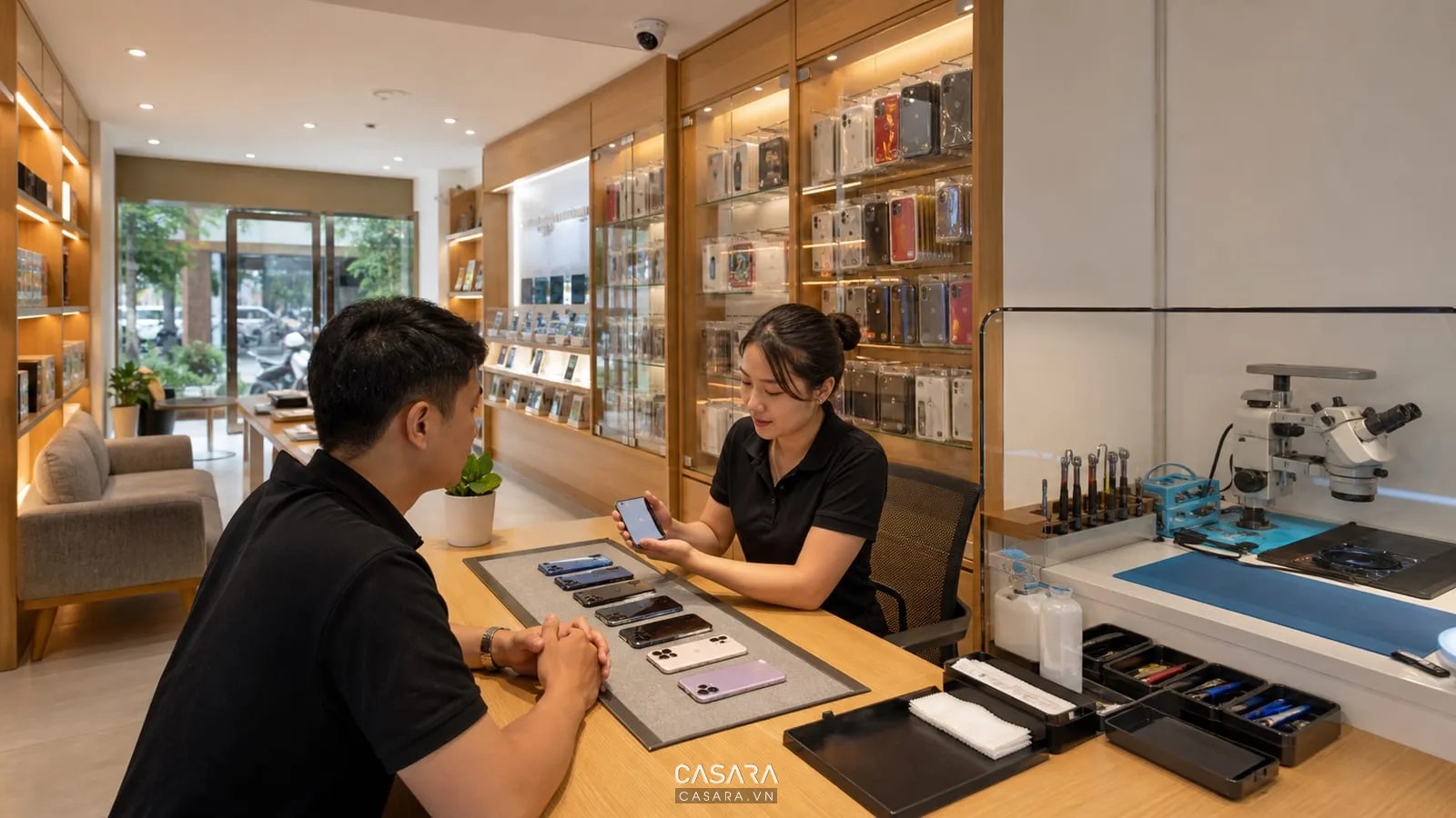 Quầy tư vấn showroom điện thoại có nhân viên hỗ trợ khách, điện thoại trên bàn, dụng cụ dán kính, tủ phụ kiện và camera an ninh nhỏ.