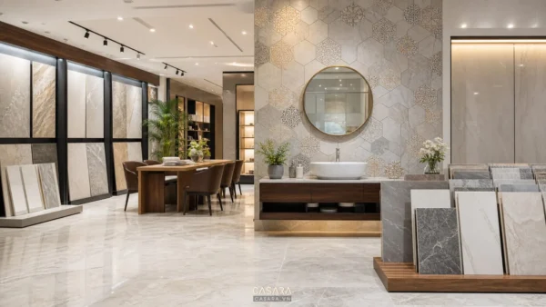 showroom gạch men có phòng mẫu lát sàn gạch vân đá tường ốp gạch trang trí và bảng mẫu gạch