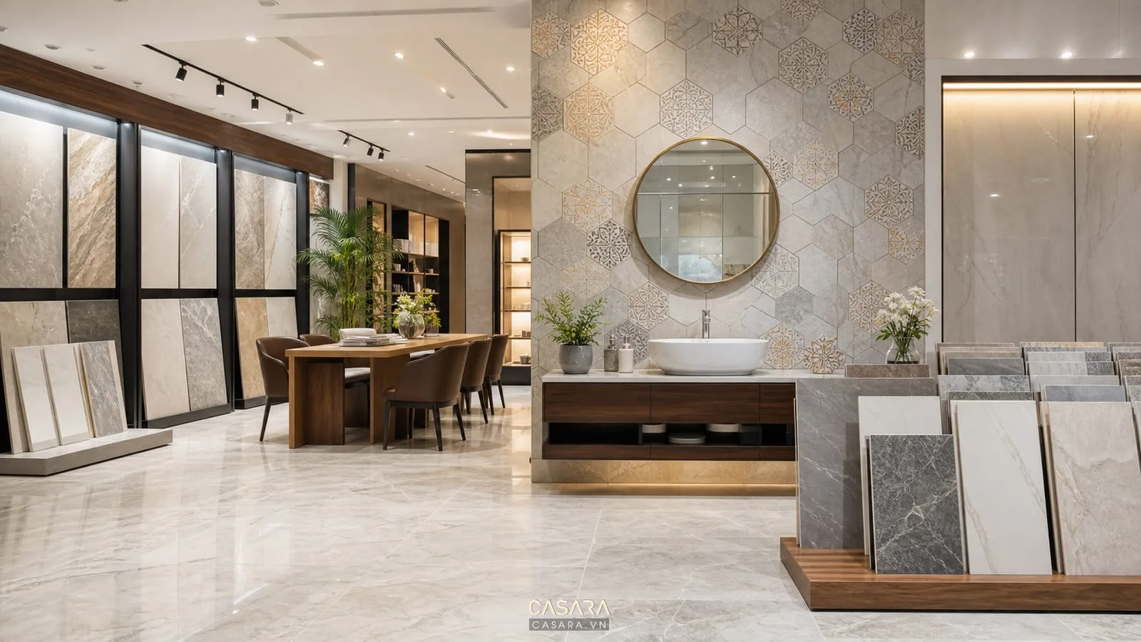 showroom gạch men có phòng mẫu lát sàn gạch vân đá tường ốp gạch trang trí và bảng mẫu gạch