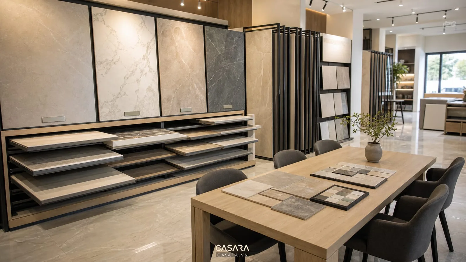 kệ trưng bày gạch men có bảng mẫu kéo gạch khổ lớn nhãn bộ sưu tập và bàn tư vấn