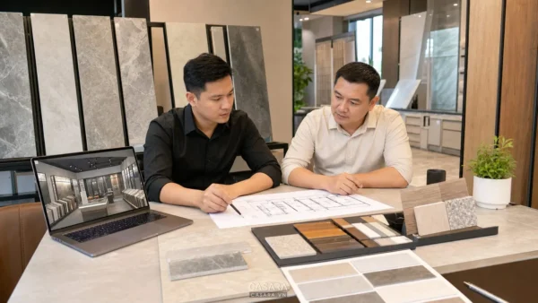 tư vấn thiết kế showroom gạch với kiến trúc sư mặt bằng bảng mẫu gạch men phối cảnh 3D và vật liệu kệ