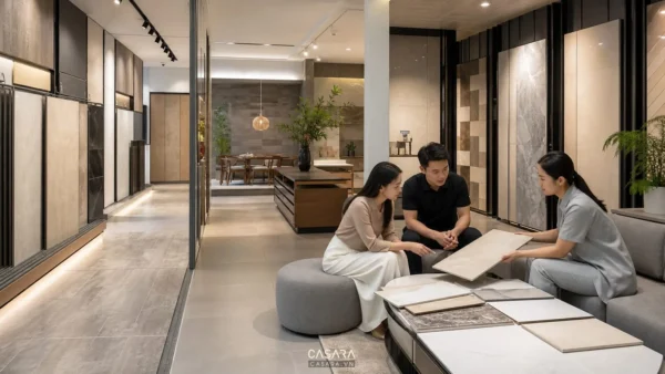 thiết kế showroom gạch men với khu trưng bày gạch lát nền gạch ốp tường và bảng mẫu gạch men
