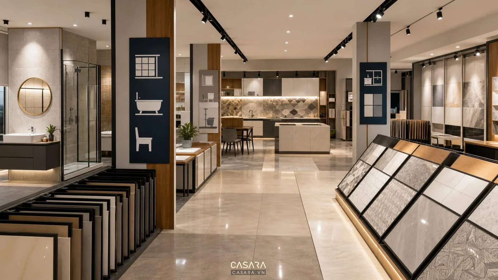 khu phân loại gạch men showroom với gạch lát nền gạch phòng tắm gạch bếp và kệ mẫu gạch