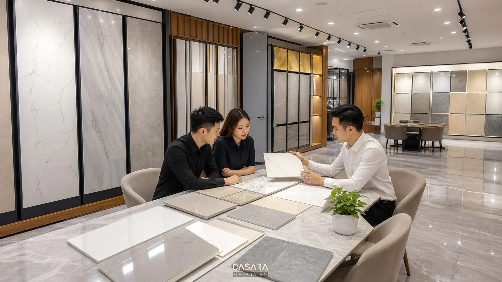 khu kiểm tra màu gạch men showroom với ánh sáng trung tính bảng mẫu gạch vân đá và bàn tư vấn