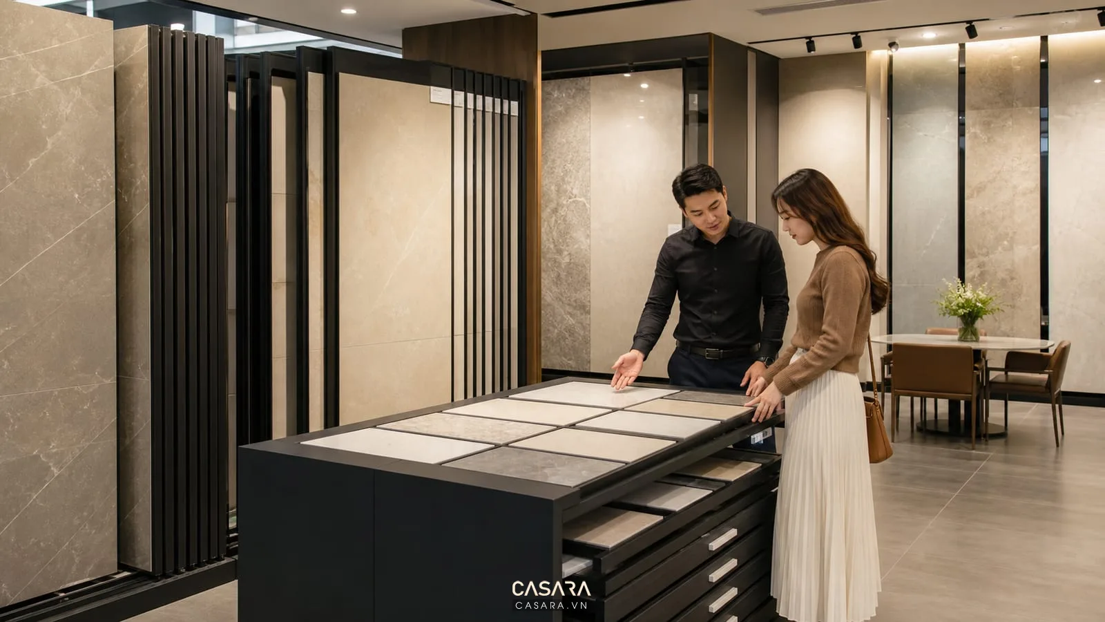 kệ trưng bày gạch men showroom với bảng mẫu kéo gạch khổ lớn mã gạch và khách so sánh mẫu
