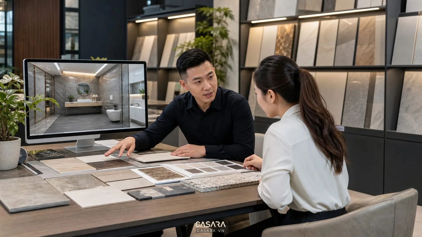 quầy tư vấn showroom gạch men với mẫu gạch men bảng phối vật liệu màn hình phối cảnh và nhân viên tư vấn