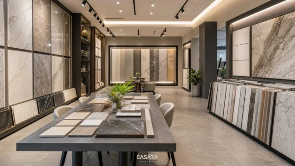 thiết kế showroom gạch ốp lát với gạch men gạch vân đá khổ lớn và bàn tư vấn vật liệu