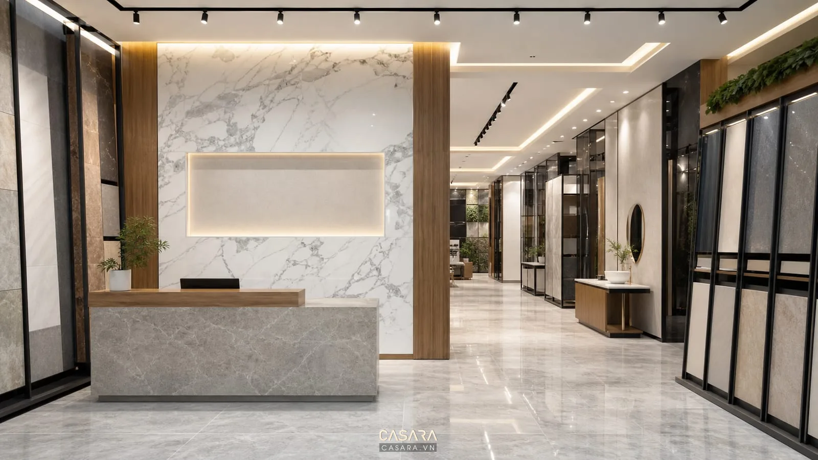 lối vào showroom gạch ốp lát có mảng gạch vân đá khổ lớn logo quầy tư vấn và kệ gạch men