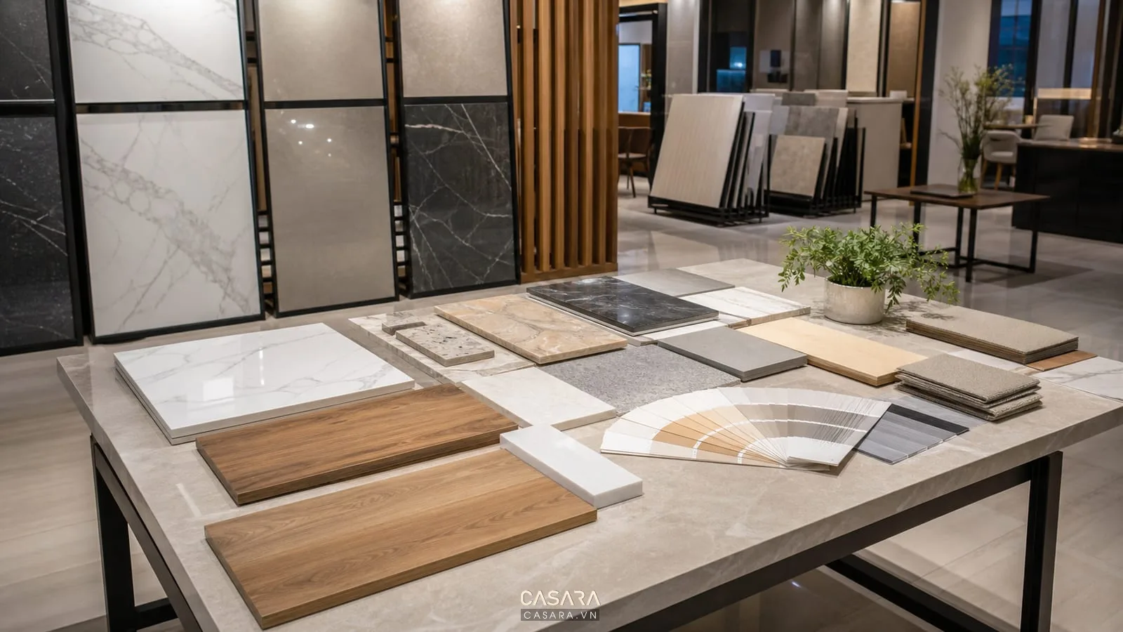 bàn so mẫu showroom gạch ốp lát có gạch men bóng gạch vân đá mẫu gỗ mẫu sơn và đèn trung thực
