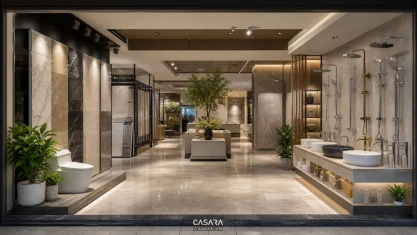 showroom gạch ốp lát thiết bị vệ sinh có lối vào rõ ràng và khu trưng bày chính