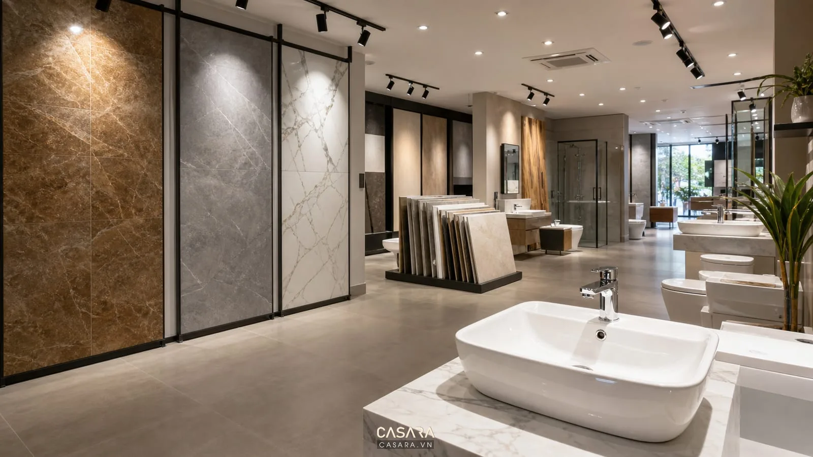 ánh sáng showroom gạch ốp lát thiết bị vệ sinh với đèn rọi và nền trung tính