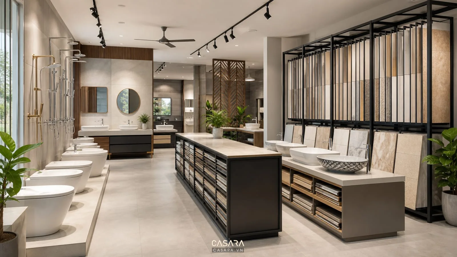 chi tiết thi công showroom thiết bị vệ sinh với kệ trưng bày và tủ lưu mẫu