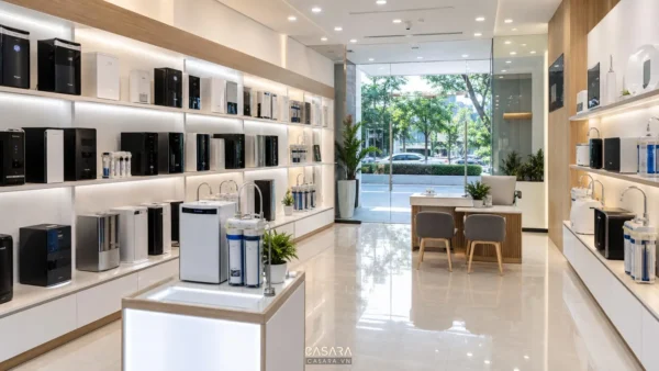 thiết kế showroom máy lọc nước với kệ trưng bày và quầy tư vấn hiện đại