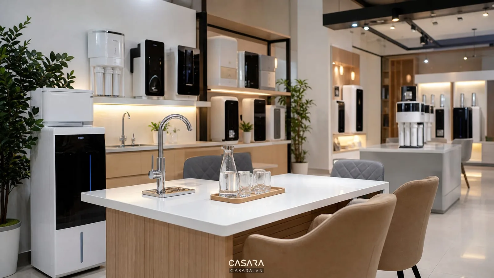 quầy trải nghiệm nước trong showroom máy lọc nước hiện đại
