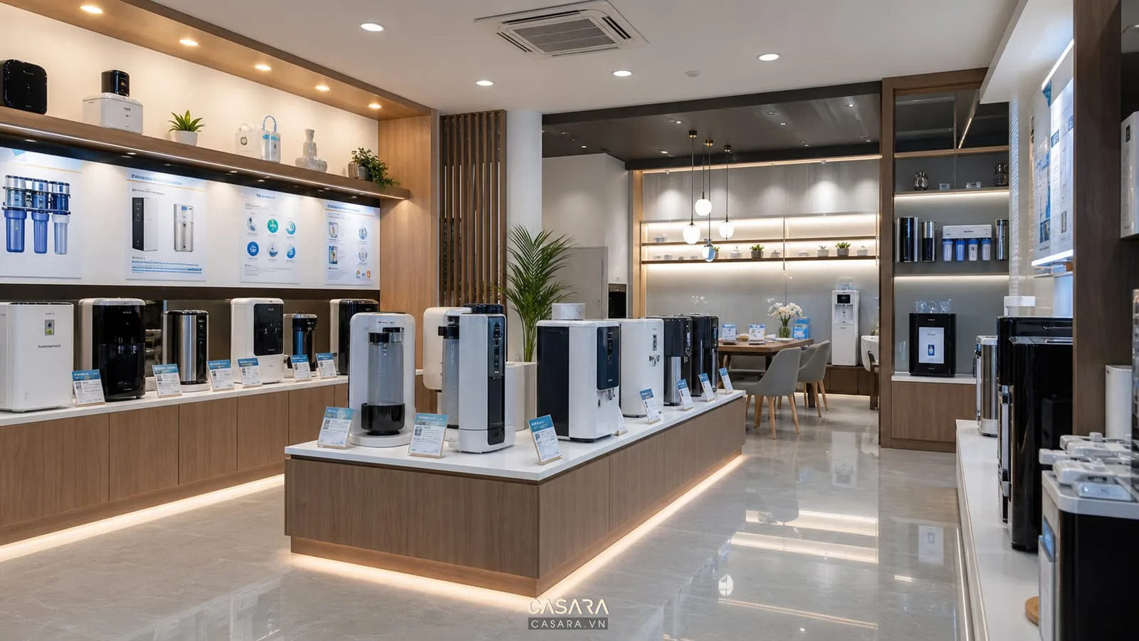 kệ trưng bày máy lọc nước với bảng thông tin so sánh sản phẩm