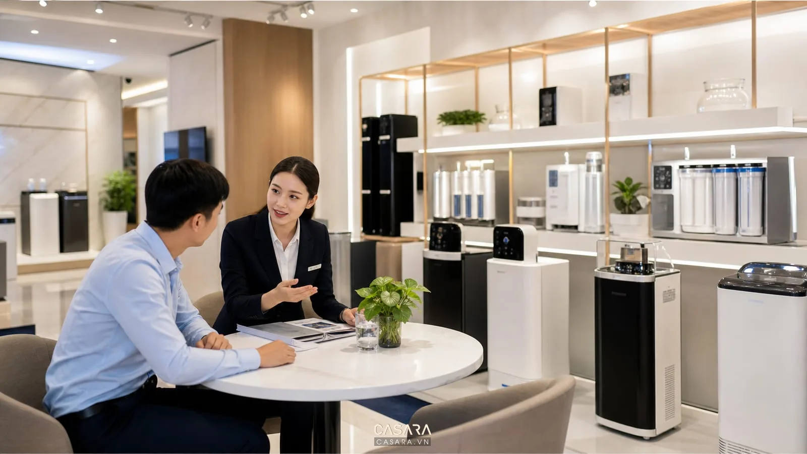 nhân viên tư vấn khách hàng trong showroom máy lọc nước