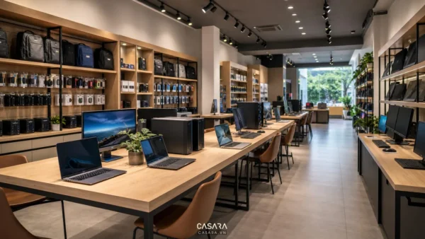 Showroom máy tính hiện đại với laptop, màn hình, PC trưng bày, kệ phụ kiện và lối đi rộng.