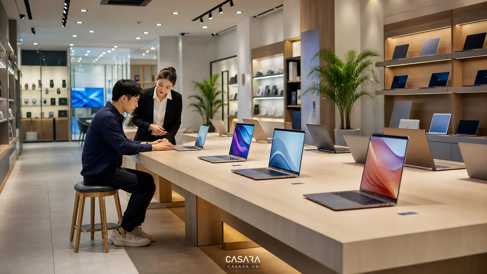 Bàn trưng bày laptop trong showroom máy tính với khách thử máy và dây điện được xử lý gọn.