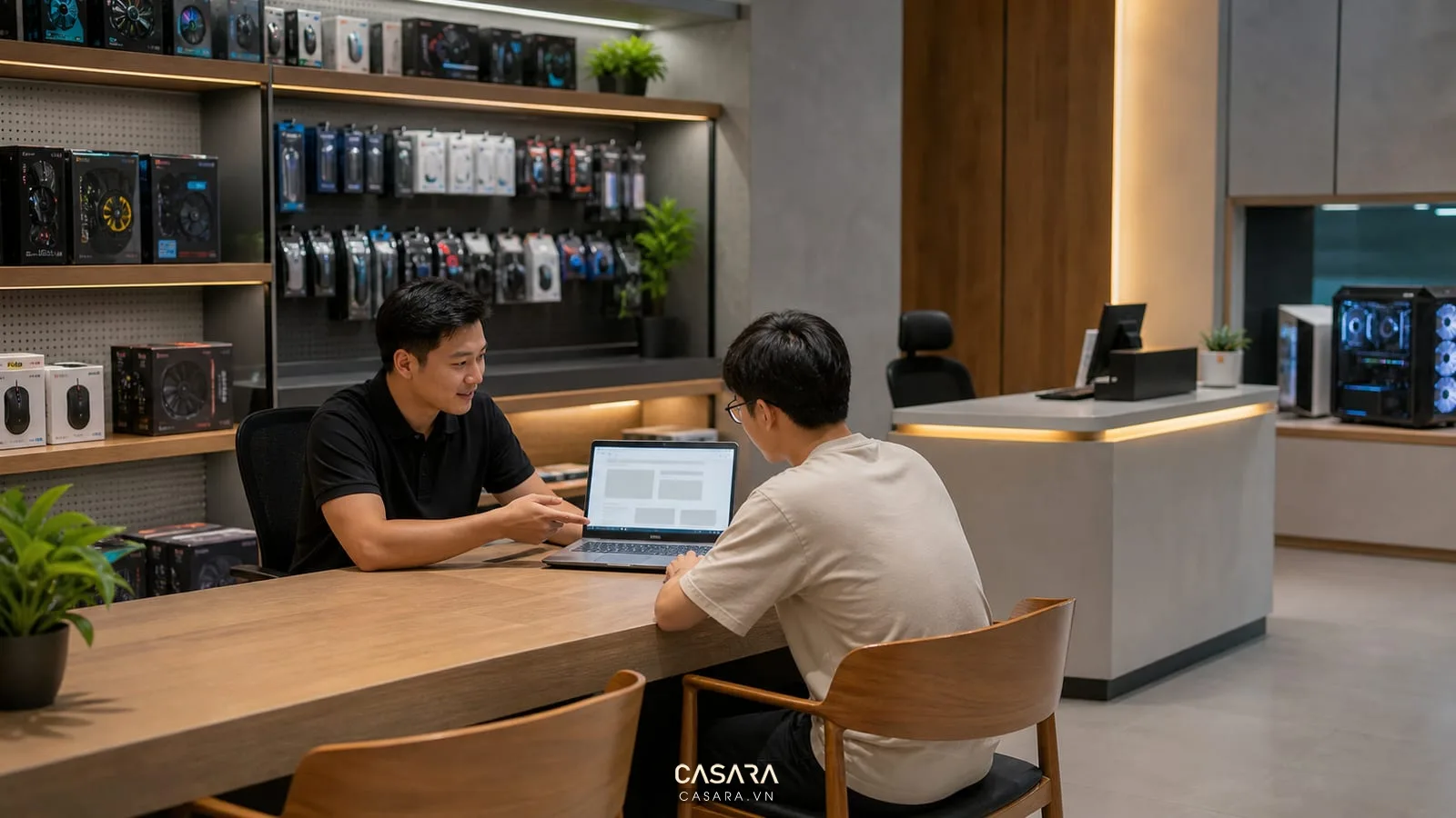 Quầy tư vấn showroom máy tính với laptop trên bàn, kệ phụ kiện, nhân viên tư vấn và ánh sáng chuyên nghiệp.