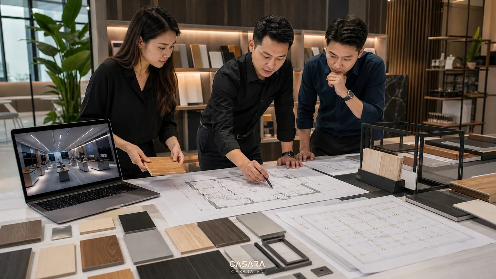 Đội ngũ thiết kế xem bản vẽ showroom máy tính, mẫu vật liệu, phối cảnh 3d và sơ đồ ánh sáng.