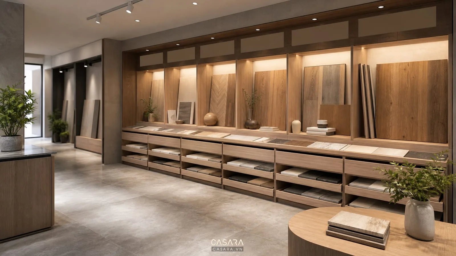 kệ trưng bày showroom nhỏ có sản phẩm ở tầm mắt ngăn kéo mẫu và bảng tên nhóm hàng rõ