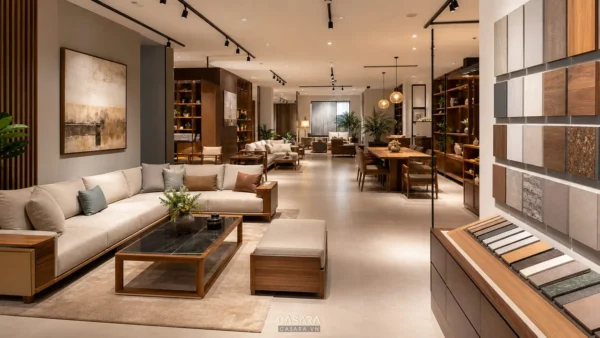 thiết kế showroom nội thất với sofa tủ kệ gỗ ánh sáng ấm và lối đi rộng