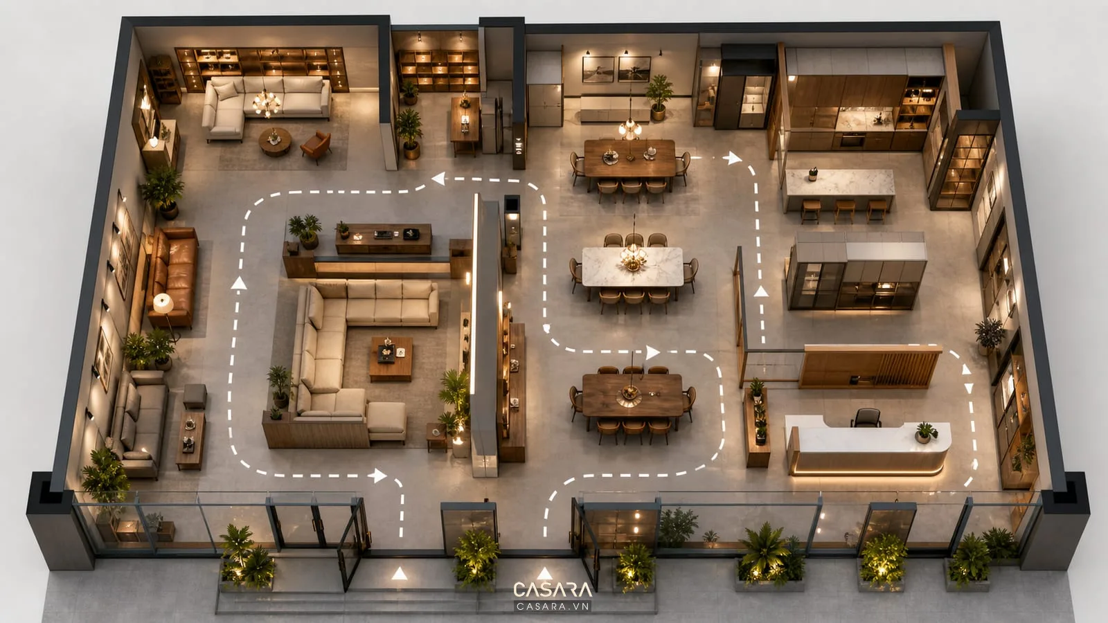 mặt bằng thiết kế showroom nội thất có tuyến di chuyển khu sofa bàn ăn tủ bếp và quầy tư vấn