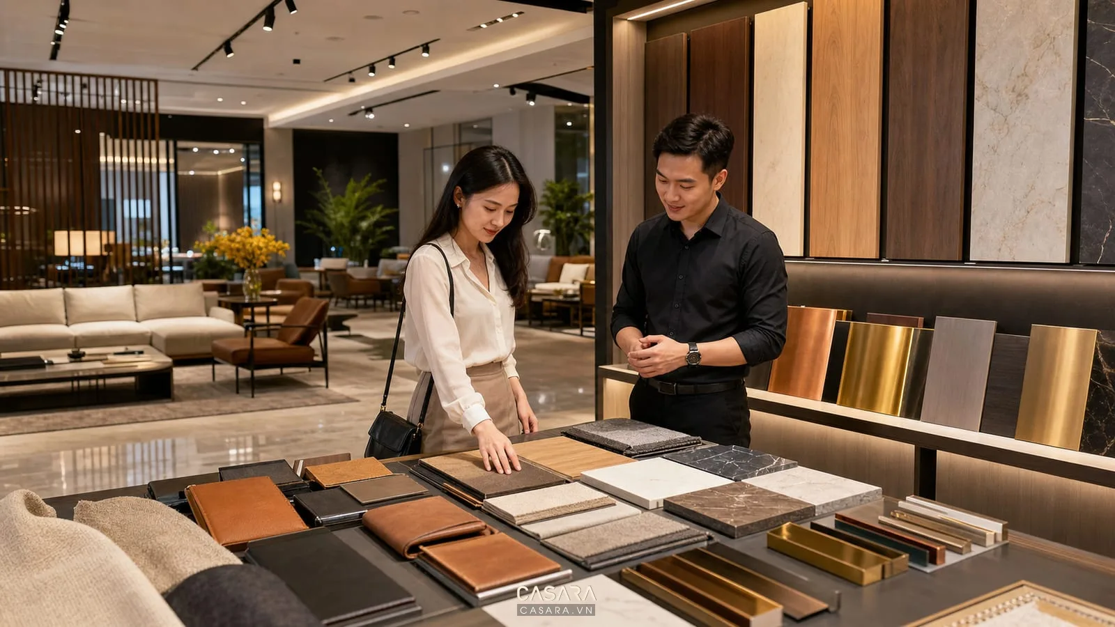showroom nội thất có bảng mẫu gỗ đá vải sofa kim loại và đèn chiếu sáng điểm nhấn